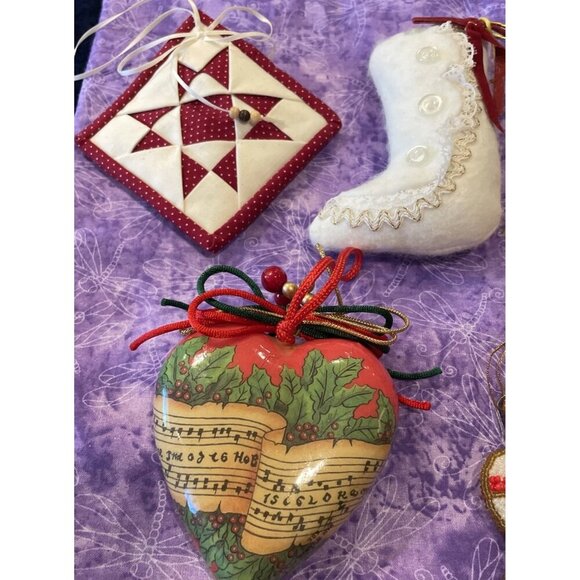 Vintage Victorian Style Lot Of 7 Christmas Holiday Ornaments Bell Stocking Heart - Picture 2 of 5